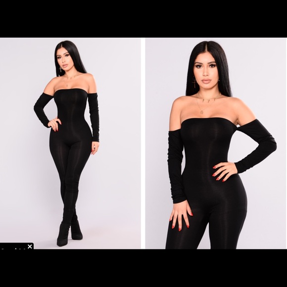 fashion nova black off the shoulder jumpsuit